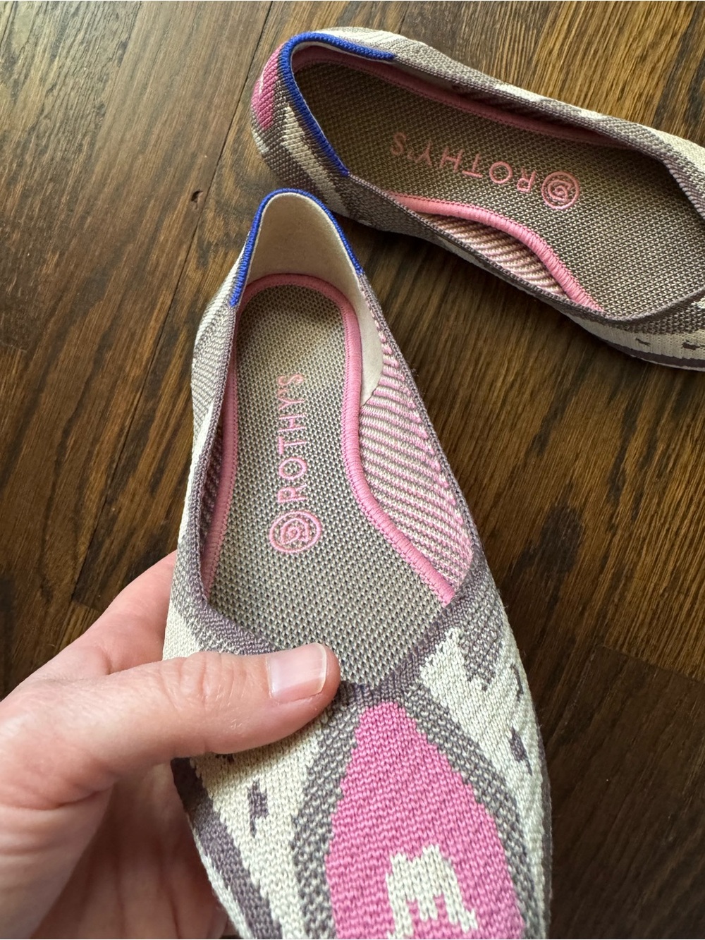 Rothy's Pink and Tan Pointed Knit Flats with Blue Trim - Picture 5 of 7
